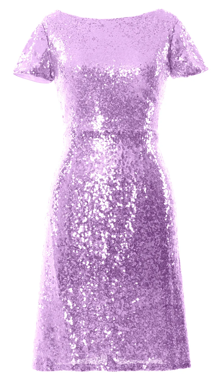 MACloth Women Short Sleeves Knee length Sequin Bridesmad Cocktail Dresses
