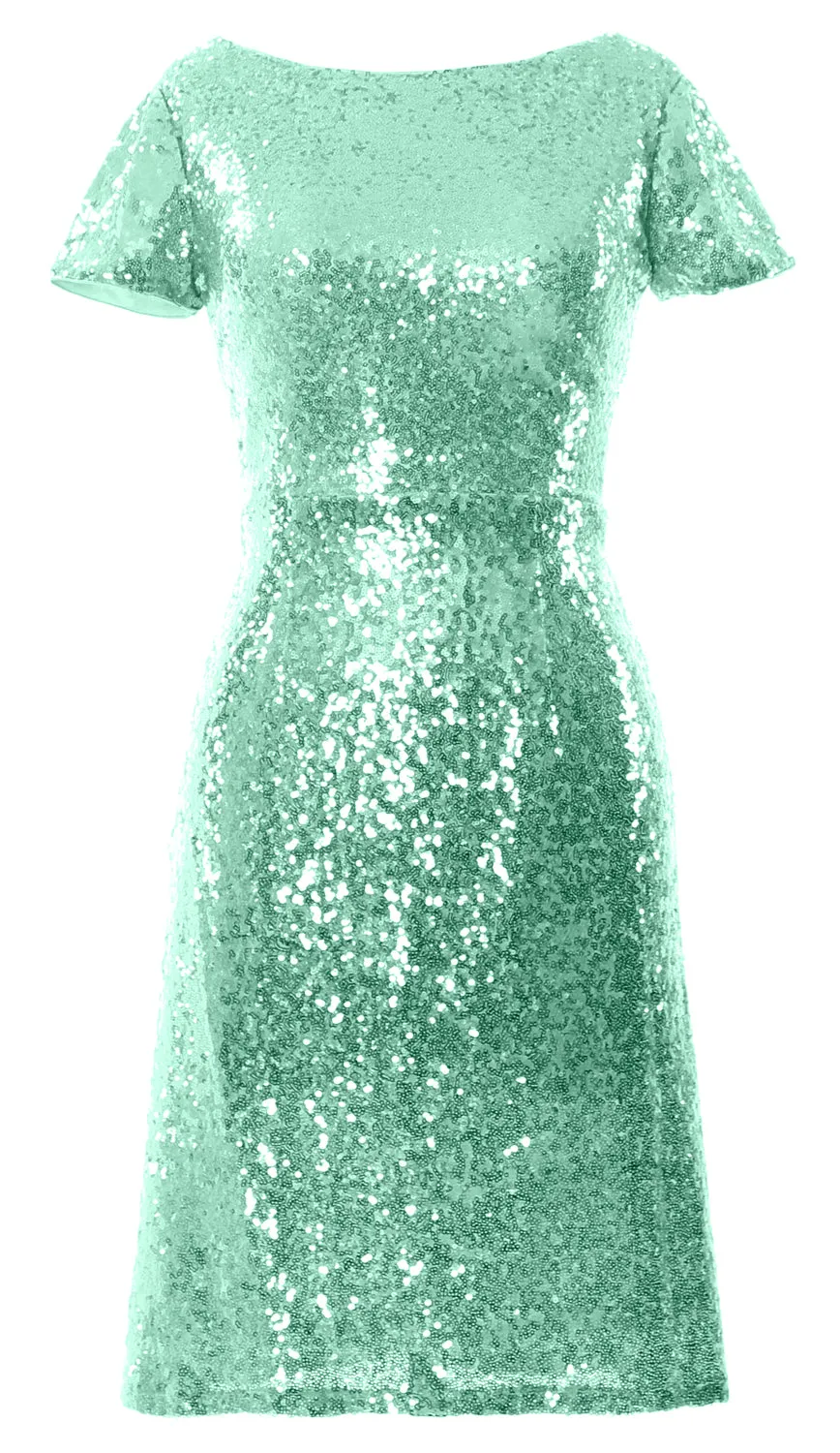 MACloth Women Short Sleeves Knee length Sequin Bridesmad Cocktail Dresses