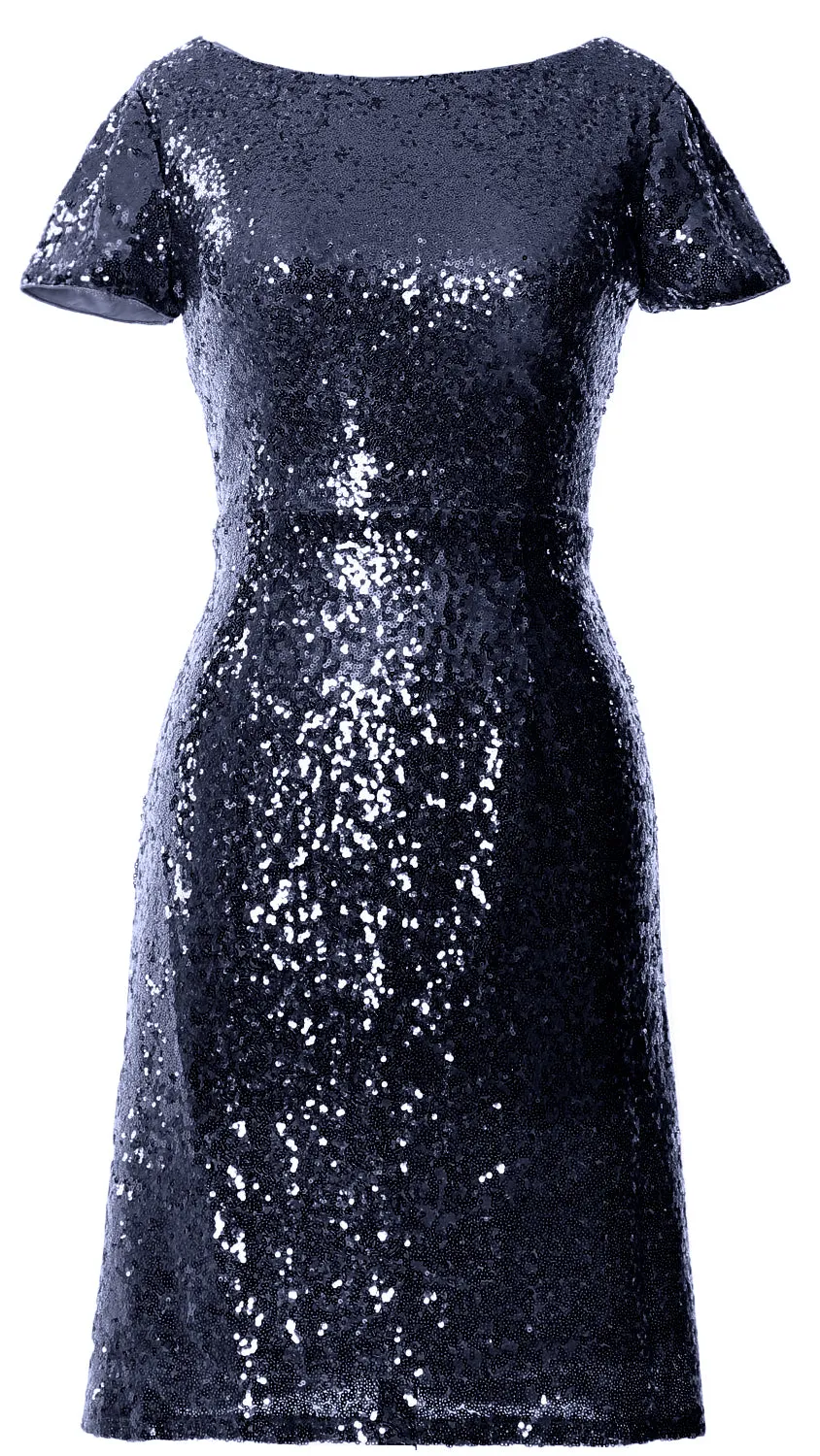 MACloth Women Short Sleeves Knee length Sequin Bridesmad Cocktail Dresses