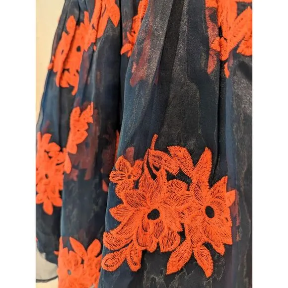 Maeve Pome Blossom Skirt Anthropologie SIZE 10 Navy Coral Embroidered Tulle