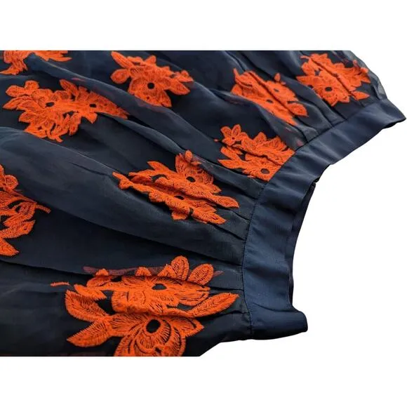 Maeve Pome Blossom Skirt Anthropologie SIZE 10 Navy Coral Embroidered Tulle
