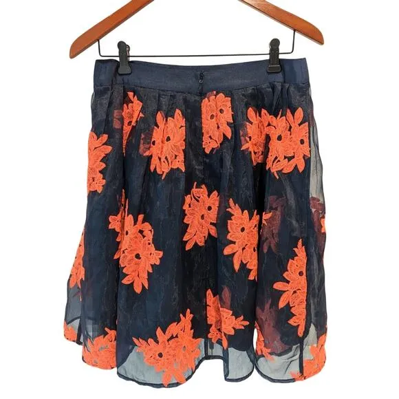 Maeve Pome Blossom Skirt Anthropologie SIZE 10 Navy Coral Embroidered Tulle
