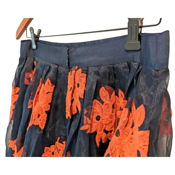 Maeve Pome Blossom Skirt Anthropologie SIZE 10 Navy Coral Embroidered Tulle