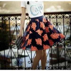 Maeve Pome Blossom Skirt Anthropologie SIZE 10 Navy Coral Embroidered Tulle