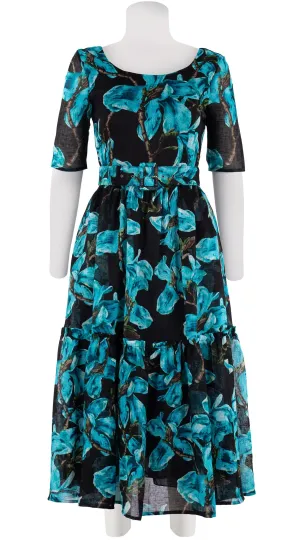 Melanie Dress #2 Boat Neck 1/2 Sleeve Midi Plus Length Cotton Musola (Magnolia Blossom Black)