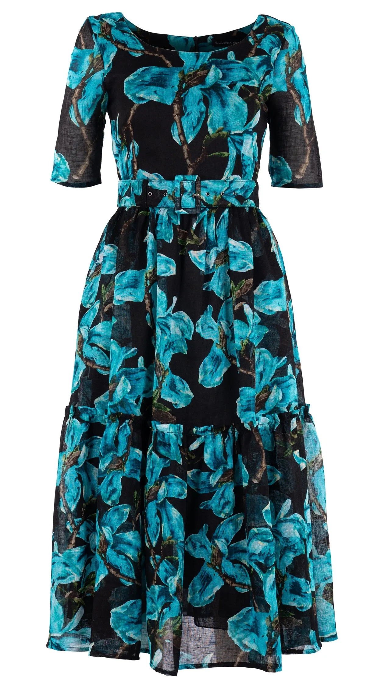 Melanie Dress #2 Boat Neck 1/2 Sleeve Midi Plus Length Cotton Musola (Magnolia Blossom Black)