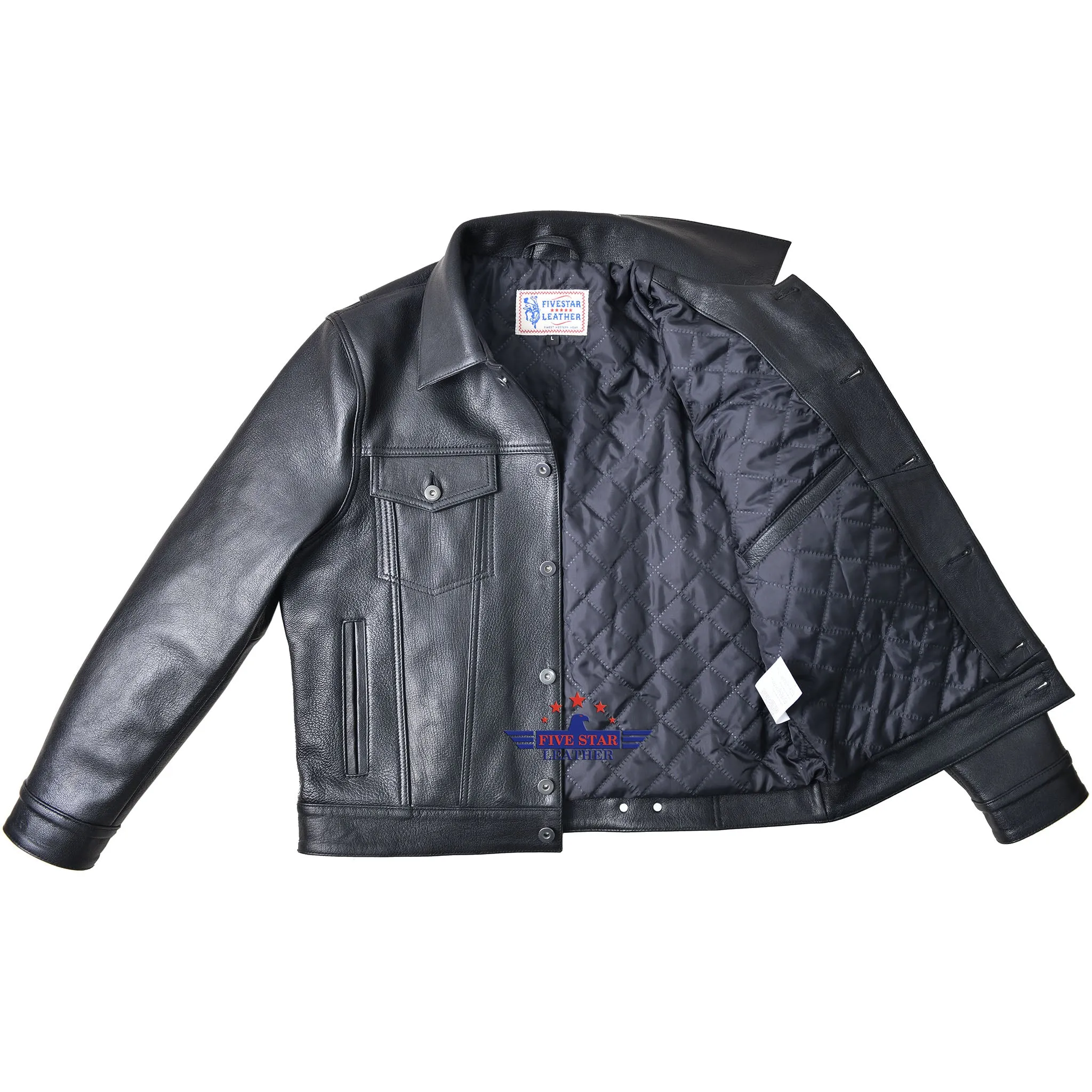 Men Trucker Black Goatskin Classic Western Denim Style with Action Back