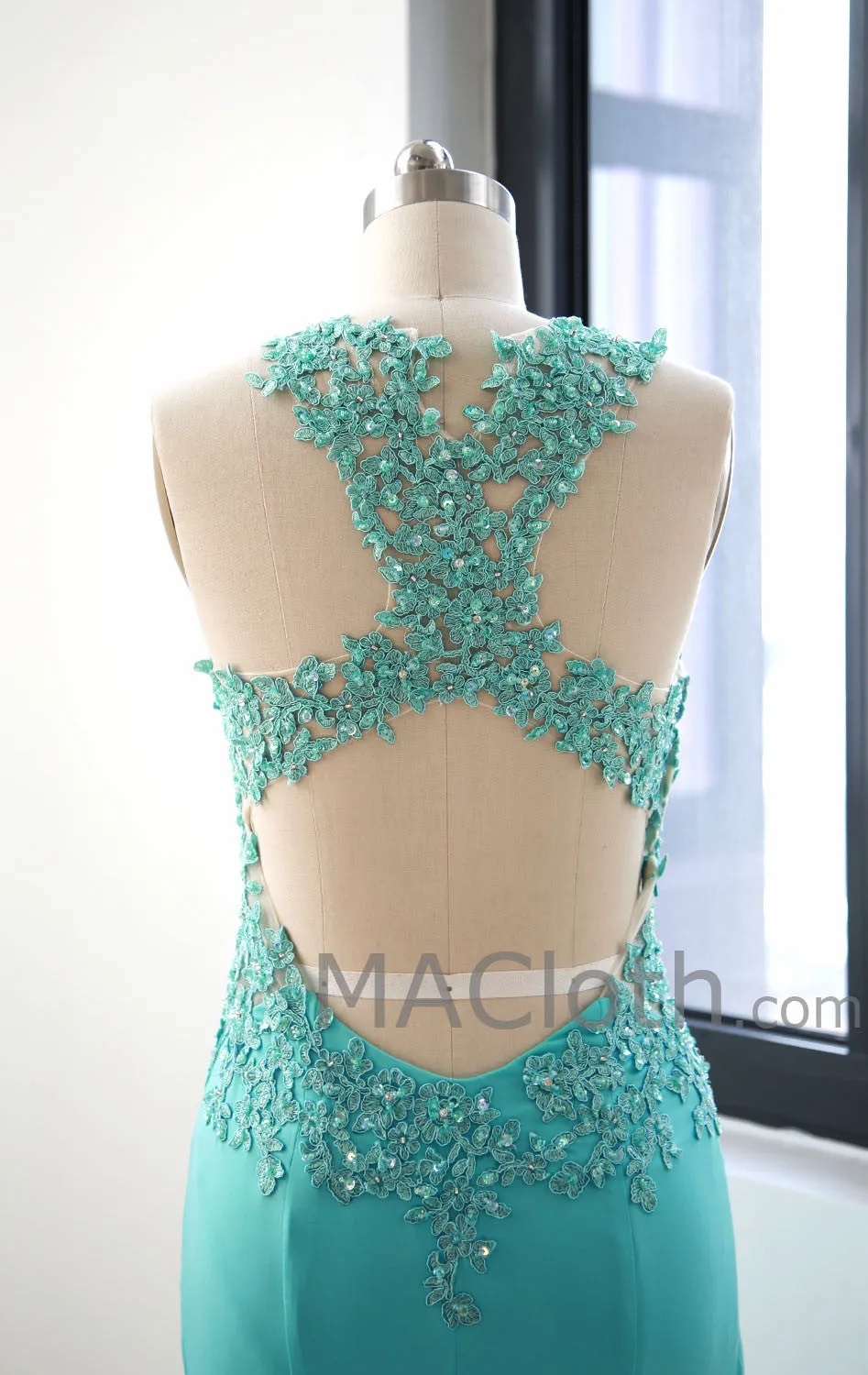 Mermaid Straps O Neck Floor Length Lace Jersey Mint Prom Dress Evening Gown 160107