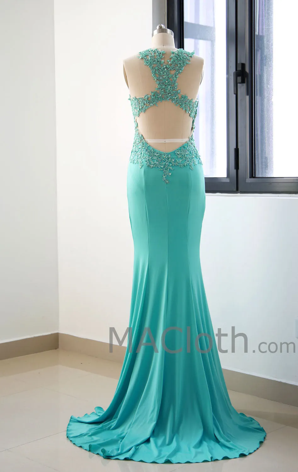 Mermaid Straps O Neck Floor Length Lace Jersey Mint Prom Dress Evening Gown 160107