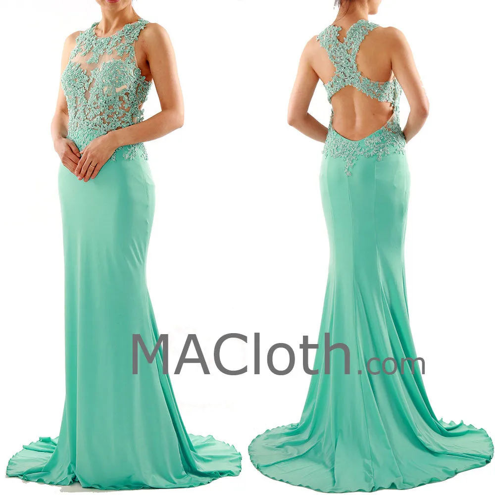 Mermaid Straps O Neck Floor Length Lace Jersey Mint Prom Dress Evening Gown 160107