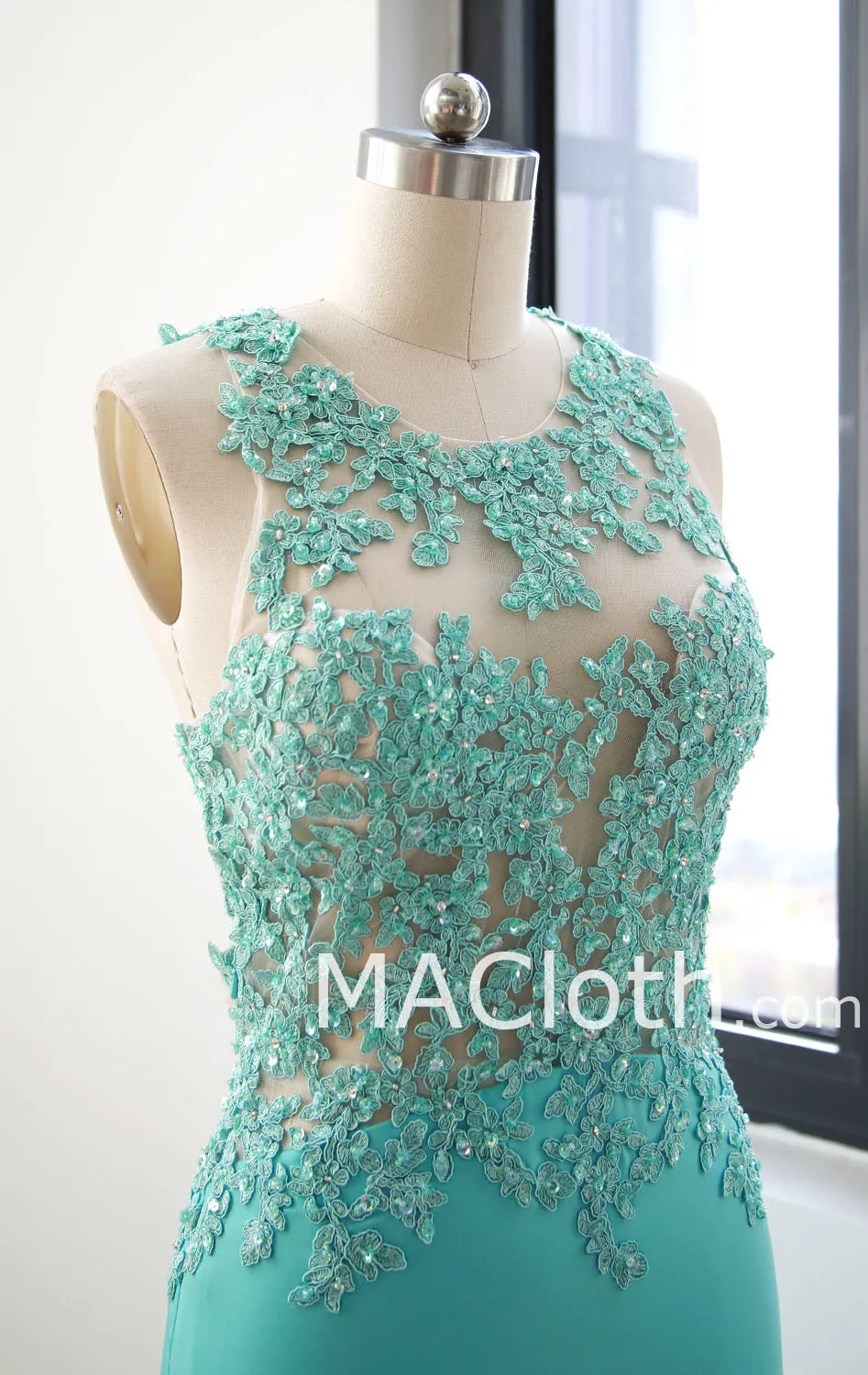 Mermaid Straps O Neck Floor Length Lace Jersey Mint Prom Dress Evening Gown 160107