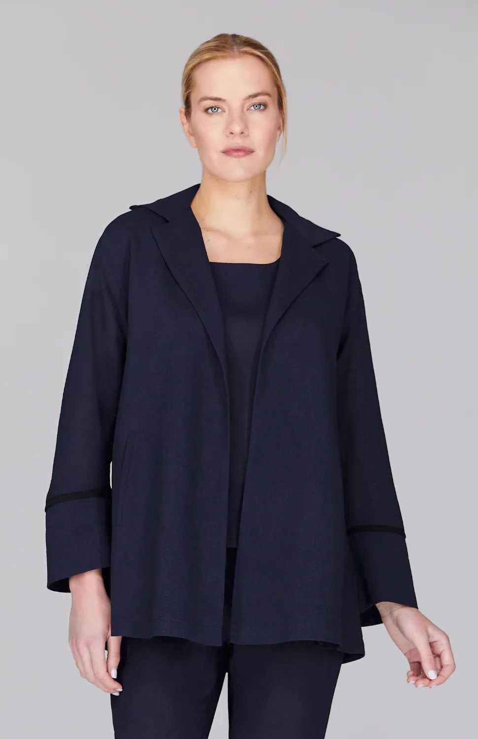 Microlinen Open A Line Jacket w/ Contrast Bias Trim