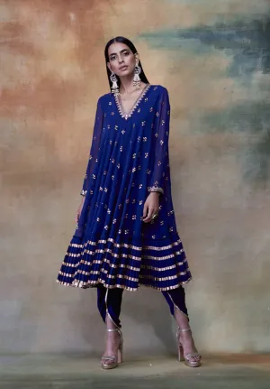 MidNight Blue A-Line Gota Frill Kurta & DhotiI Set