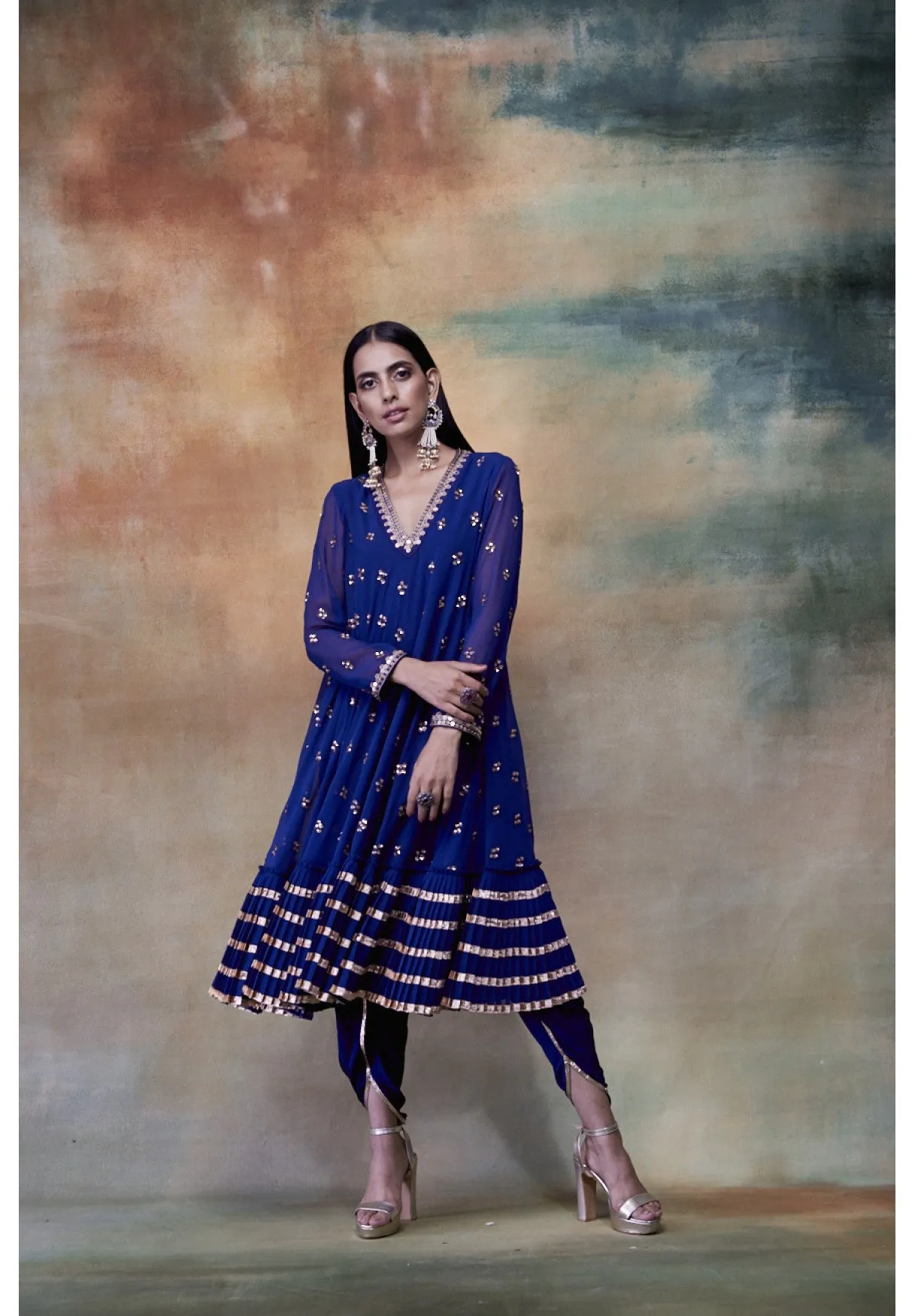 MidNight Blue A-Line Gota Frill Kurta & DhotiI Set