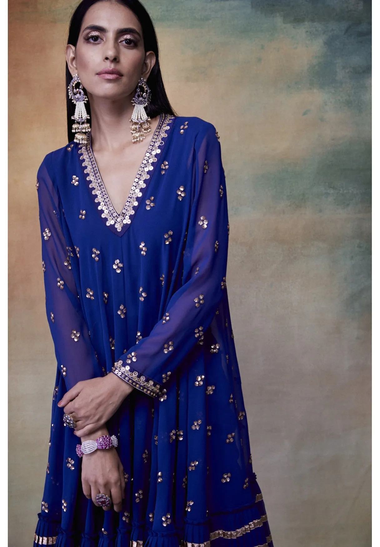 MidNight Blue A-Line Gota Frill Kurta & DhotiI Set