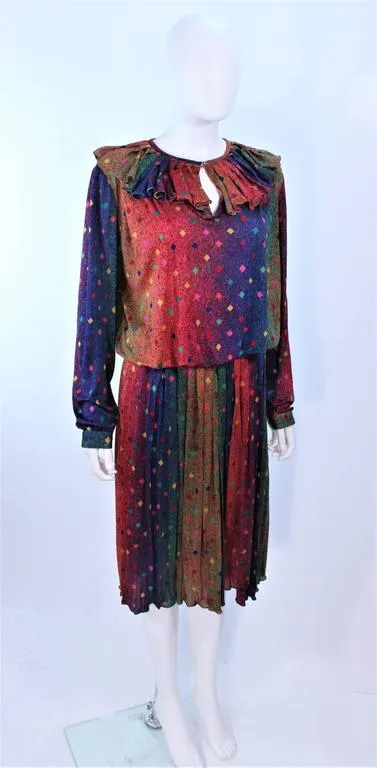 MISSONI Silk Rainbow Skirt Suit with Ruffle Collar Size 8