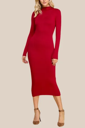 MOCK NECK MIDI DRESS-RED