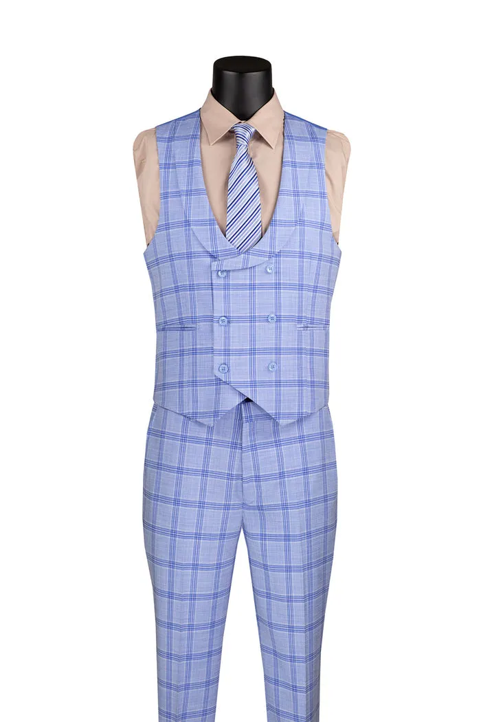 Modern Fit Windowpane Suit 3 Piece with U-Neck Vest Light Blue MV2W-5
