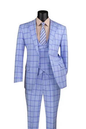 Modern Fit Windowpane Suit 3 Piece with U-Neck Vest Light Blue MV2W-5