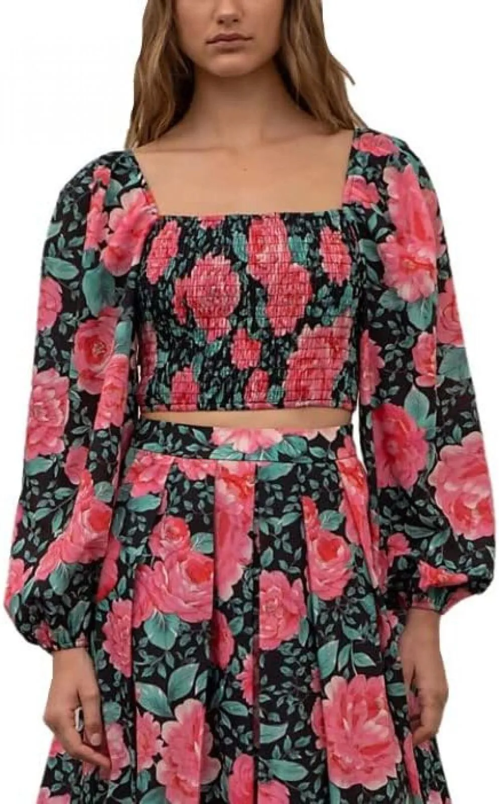Moon River Womens Pleated Puff Sleeve TIE Back Smocked Top Black Multi L