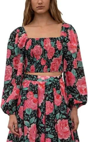 Moon River Womens Pleated Puff Sleeve TIE Back Smocked Top Black Multi L