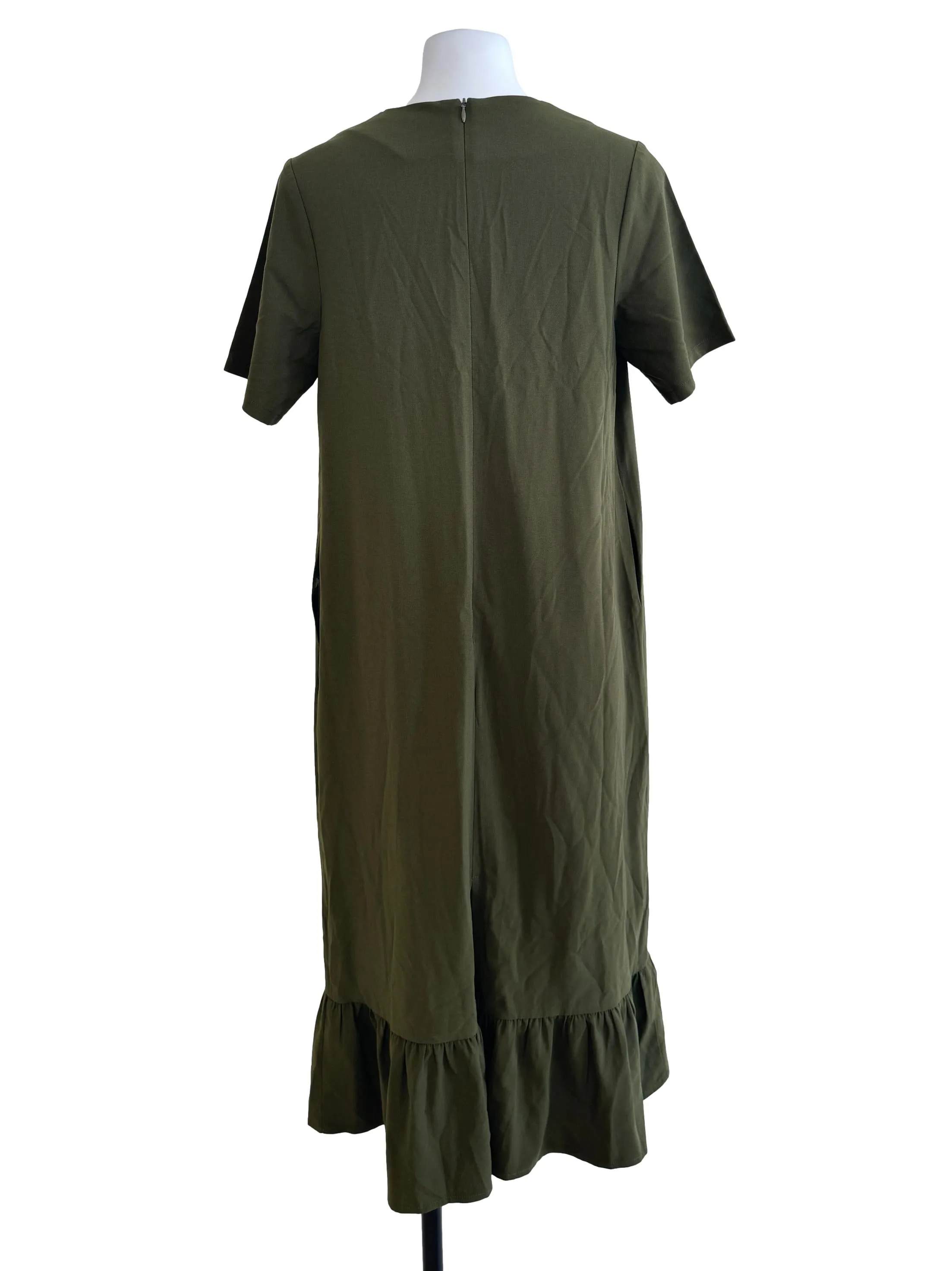 Moss Green Round Neck Ruffled Dress