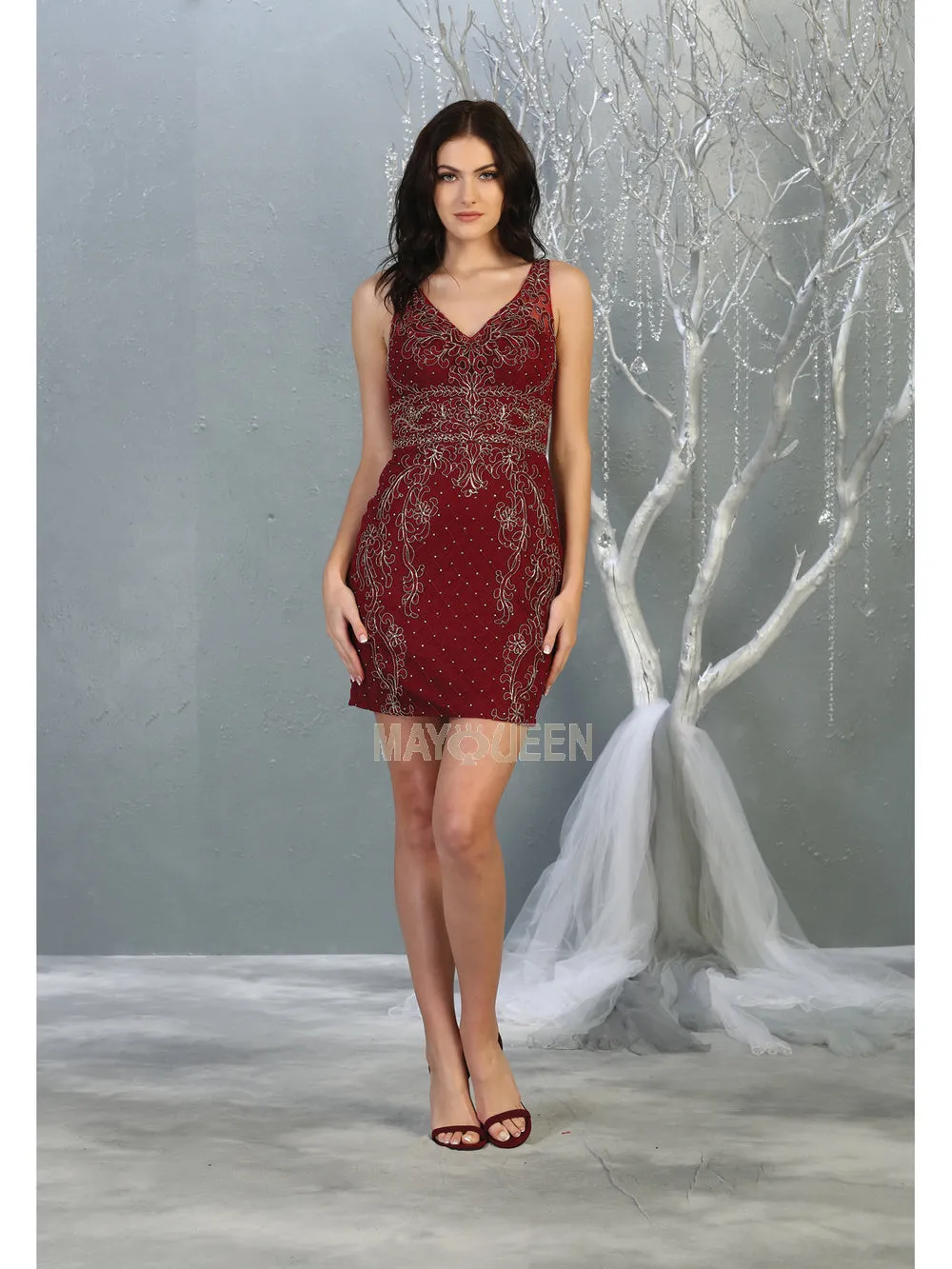 MQ 1828 - Fitted Homecoming Dress with Lace Applique V-Neck & Open Back