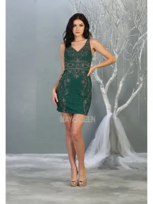 MQ 1828 - Fitted Homecoming Dress with Lace Applique V-Neck & Open Back