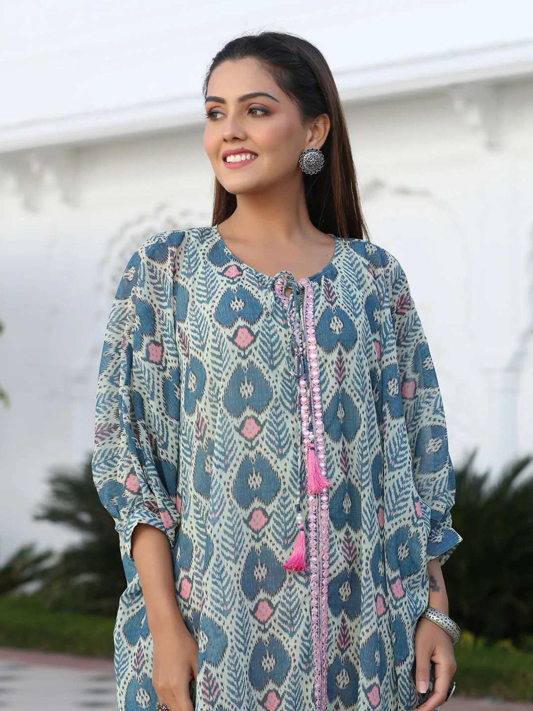 Multi Color Mirror Work Embroidered Georgette Kaftan With Tassels And Slip