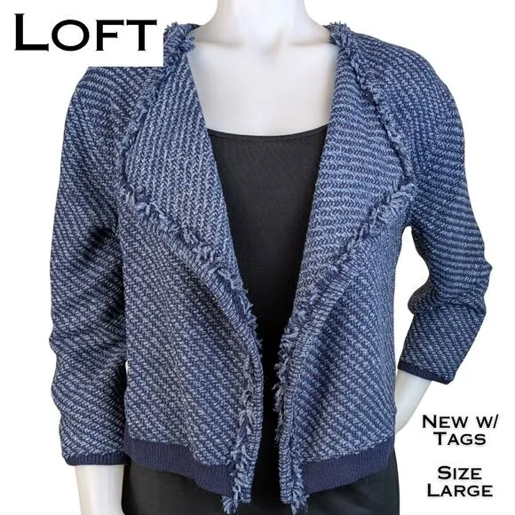 NEW Loft Blue &amp; Gray Tweed Fringed Open Cardigan Sweater Blazer Career Sz Large