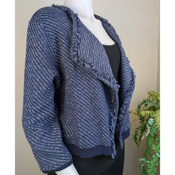 NEW Loft Blue &amp; Gray Tweed Fringed Open Cardigan Sweater Blazer Career Sz Large