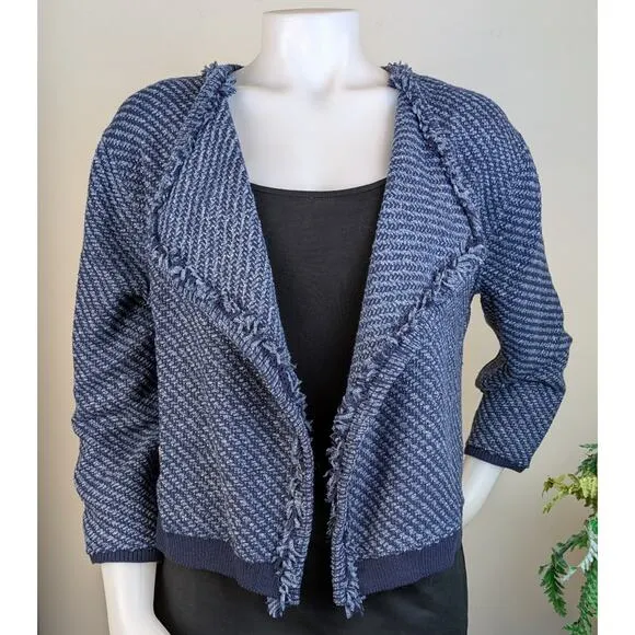 NEW Loft Blue &amp; Gray Tweed Fringed Open Cardigan Sweater Blazer Career Sz Large