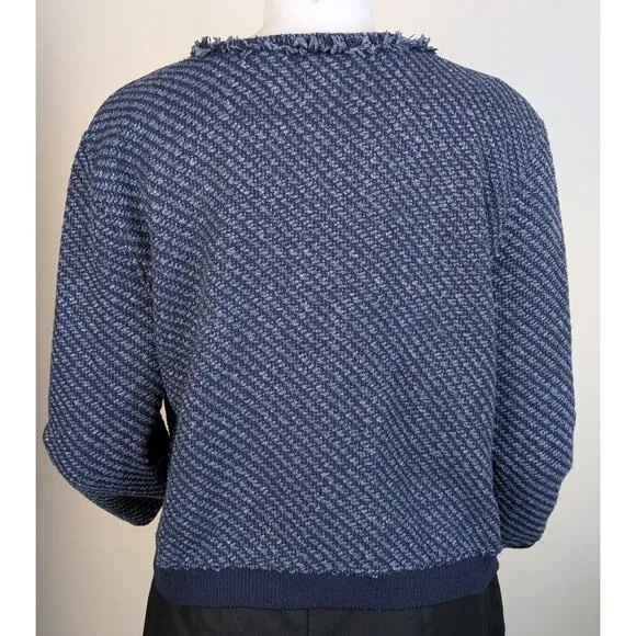 NEW Loft Blue &amp; Gray Tweed Fringed Open Cardigan Sweater Blazer Career Sz Large