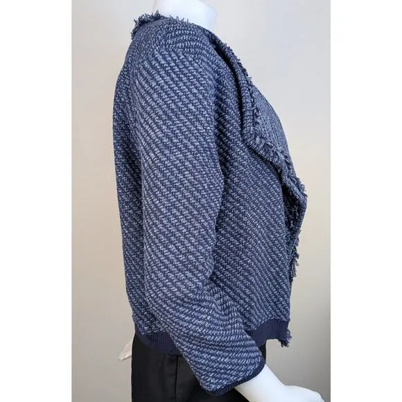NEW Loft Blue &amp; Gray Tweed Fringed Open Cardigan Sweater Blazer Career Sz Large
