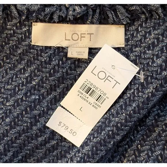NEW Loft Blue &amp; Gray Tweed Fringed Open Cardigan Sweater Blazer Career Sz Large