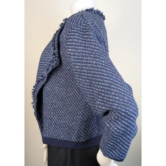NEW Loft Blue &amp; Gray Tweed Fringed Open Cardigan Sweater Blazer Career Sz Large