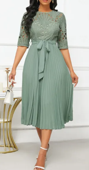 NEW Rosewe Patchwork Belted Sage Green Half Sleeve Round Neck Dress, Sz M, Retails $100