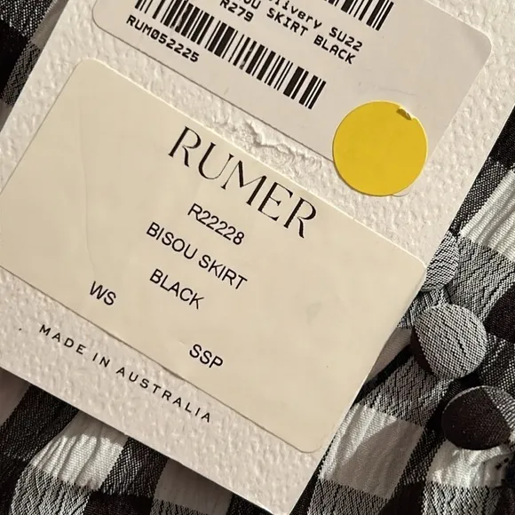 New Rumer The Label BISOU SKIRT in Black Gingham size Small $279.00
