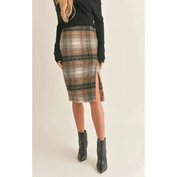 NEW SAGE THE LABEL delphi plaid slit midi skirt in charcoal multi