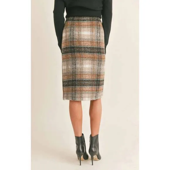 NEW SAGE THE LABEL delphi plaid slit midi skirt in charcoal multi