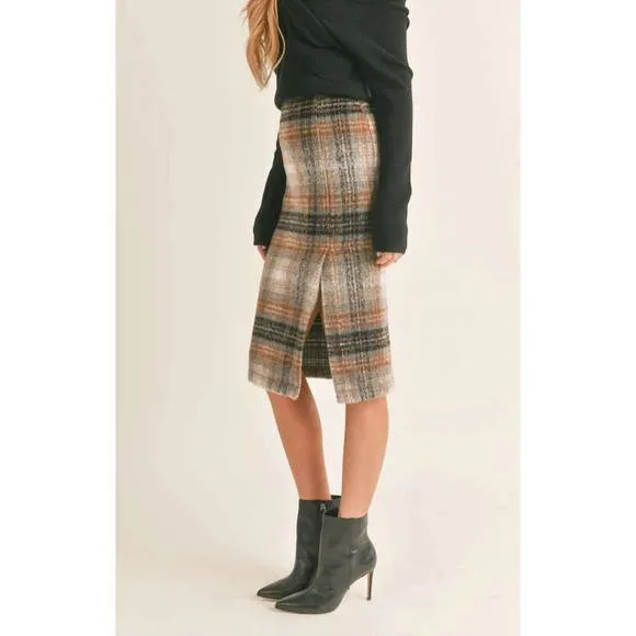 NEW SAGE THE LABEL delphi plaid slit midi skirt in charcoal multi