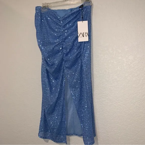 New Zara $69 Blue Sequin Midi Skirt 7969/051 Bloggers Fav Small Medium Large