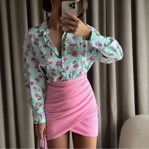 New Zara Draped Pink Mini Skirt
