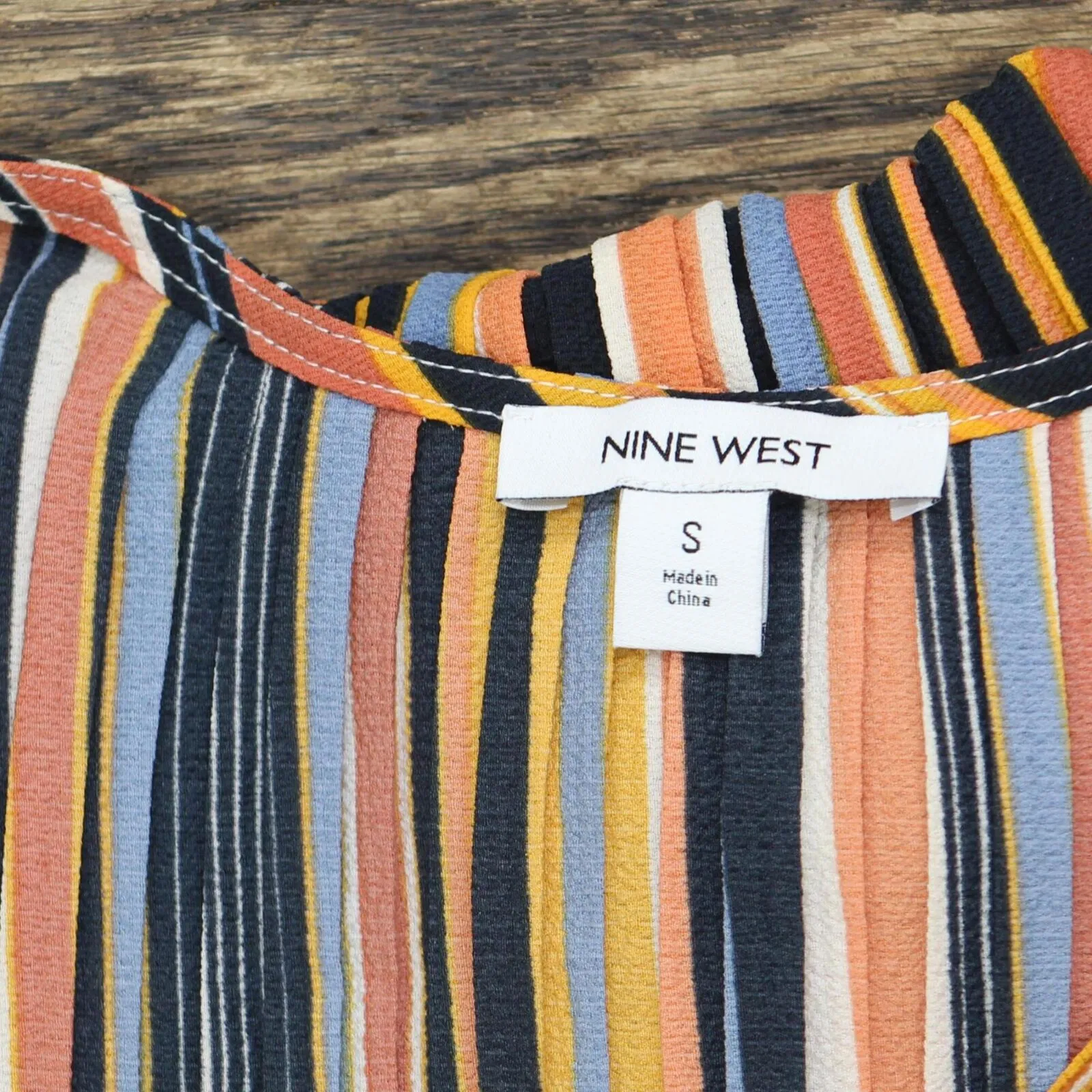 Nine West Womens Mini Pleated Tie Front Blouse Shirt Top Multicolor Blue S