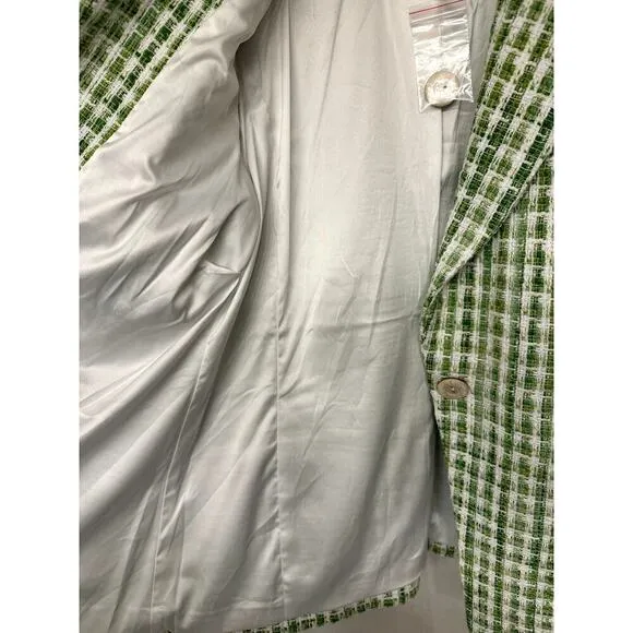 NWOT Dennis Basso Green Gingham Cotton Tweed One Button Blazer, Size 12