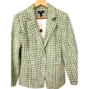 NWOT Dennis Basso Green Gingham Cotton Tweed One Button Blazer, Size 12