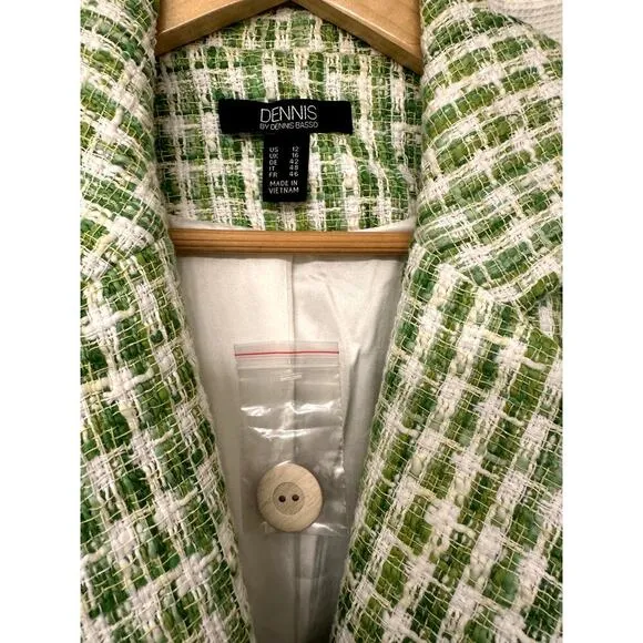 NWOT Dennis Basso Green Gingham Cotton Tweed One Button Blazer, Size 12