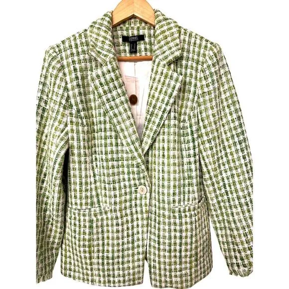 NWOT Dennis Basso Green Gingham Cotton Tweed One Button Blazer, Size 12