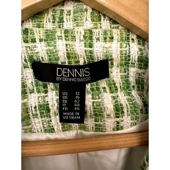 NWOT Dennis Basso Green Gingham Cotton Tweed One Button Blazer, Size 12
