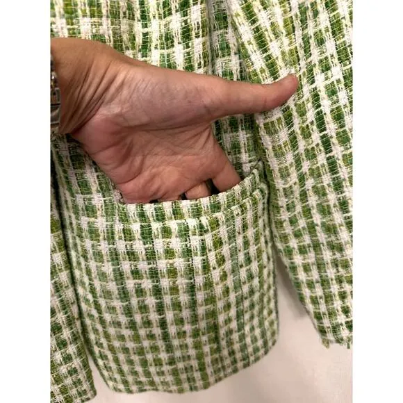 NWOT Dennis Basso Green Gingham Cotton Tweed One Button Blazer, Size 12